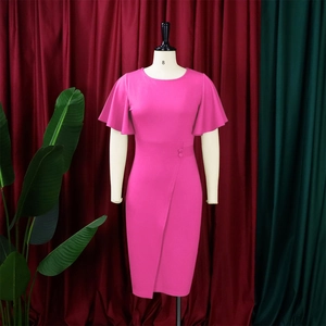 Detail view of rose red pencil dress with elegant ruffle sleeves and waist buttons