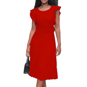 Detail of red pleated midi dress with ruffle sleeves and matching waist belt buckle