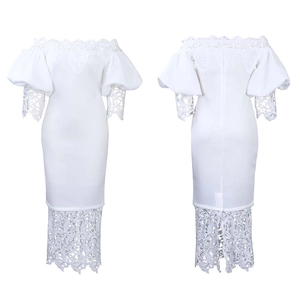 Front and back detail of white off-shoulder lace dress with puff lantern sleeves