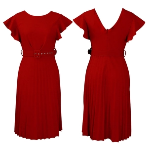 Detail view of red pleated dress with ruffle sleeves and adjustable waist belt