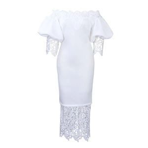 Detailed view of the intricate white lace splicing on bubble sleeves and off-shoulder hemline