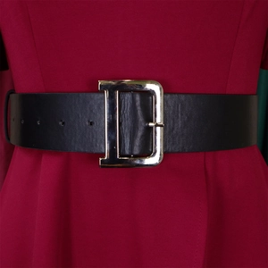 Nahaufnahme eines breiten schwarzen Ledergürtels mit silberner D-Schnalle auf rotem Kleid