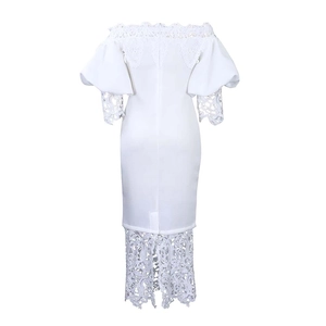 Back view of elegant white off-shoulder lace patchwork dress with floral embroidery