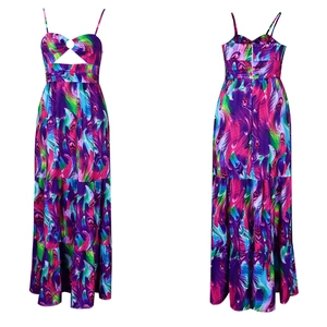 Detailed front and back views of a colorful printed maxi dress with thin straps and waist ring