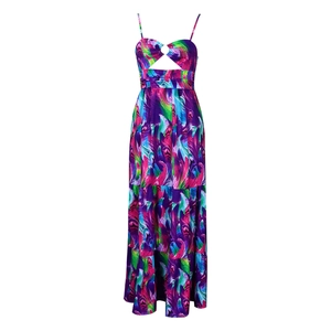 Detail of summer maxi dress featuring vibrant purple and teal abstract print and tiered skirt