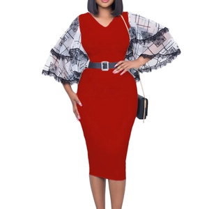 Detail of V-neck pencil dress featuring contrast lace flare sleeves and a black waist belt