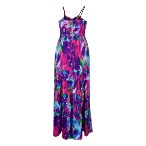 Detail of multi-color feather print dress with hidden white zipper and high waist cut