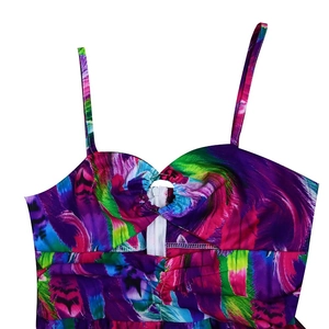 Detail of colorful rainbow print dress with front zipper and pleated sweetheart neckline