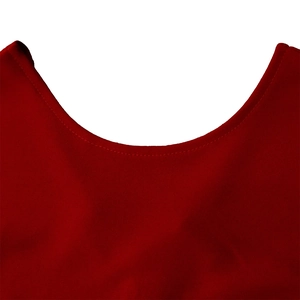 Detailed close-up of the red dress crew neck design and professional stitching finish