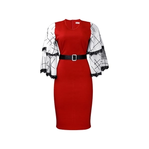 Close-up of red pencil dress with tiered bell sleeves and intricate black lace trim