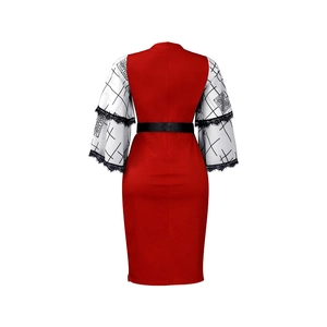 Detail view of red pencil dress back with geometric print flare sleeves and lace trim