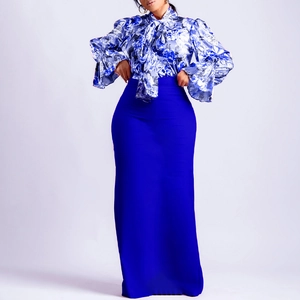 Set donna 2 pezzi con camicia floreale a fiocco e gonna lunga a vita alta blu reale