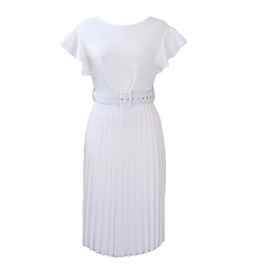 Detail of white pleated dress showing ruffle sleeves and waist belt with square buckle