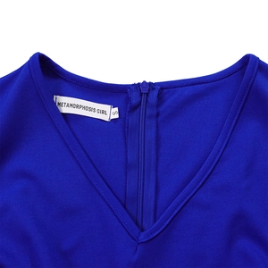Detail of V-neckline with invisible zipper on royal blue plus size dress fabric