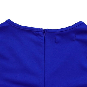 Detail of the royal blue dress back featuring a neat invisible zipper and round neckline