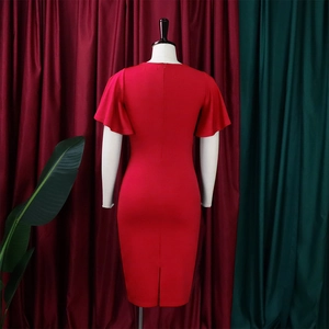 Detail view of red slim-fit dress with ruffle sleeves and elegant back zipper