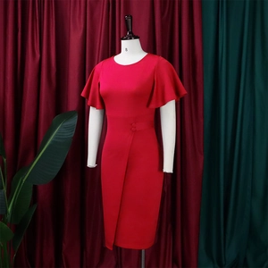 Detail of red OL pencil dress with ruffle sleeves and asymmetric pleated skirt design