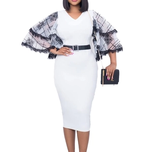 Elegant white V-neck pencil dress featuring plaid flare sleeves and black buckled waist belt