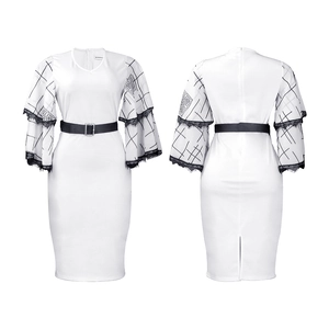 Detail of white V-neck dress with black mesh bell sleeves and lace trim accents