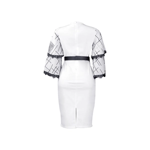 Rear view of white V-neck pencil dress with bell sleeves, black lace and geometric print