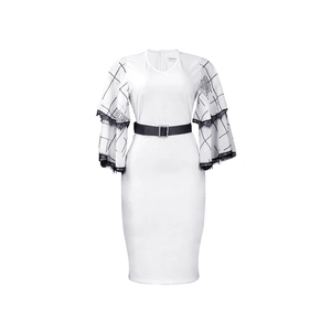 Detail of white pencil dress with tiered bell sleeves and a black buckled waist belt