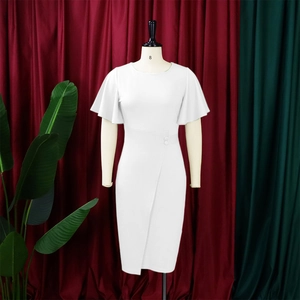 Detailed view of white sheath dress with ruffle sleeves and criss-cross waist design