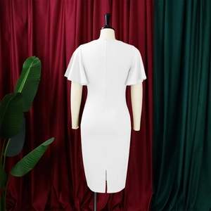 Detail of white pencil dress featuring ruffle sleeves and back zipper closure