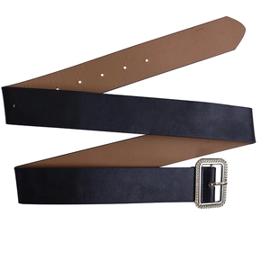 Detail of wide black leather dress belt with a silver textured square buckle and adjustment holes