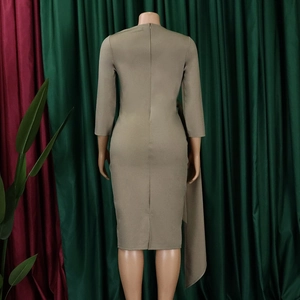 Rear view of khaki slim-fit dress featuring a hidden zipper and mid-length sleeves