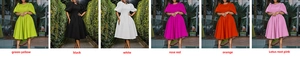 Collage of elegant puff sleeve A-line dresses showing six vibrant color variations