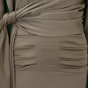 Detail of ruched fabric and waist knot on this olive brown professional OL dress