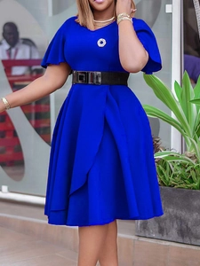 Elegantes Damen V-Ausschnitt Rüschenärmel A-Linie Midi-Kleid Hohe Taille Plissee Arbeits Party Kleid Mit Gürtel