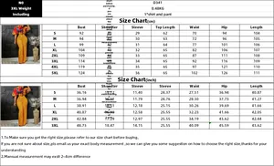 Detaillierte Größentabelle in cm und Zoll für das bedruckte Set aus Oberteil und Hose
