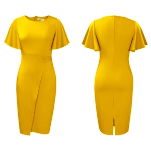 Detail of yellow high-waisted dress featuring ruffle sleeves and wrap-style skirt design