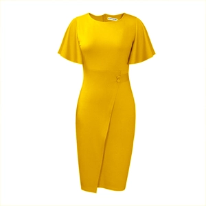 Detail of yellow round neck dress with ruffle sleeves and fabric covered waist buttons