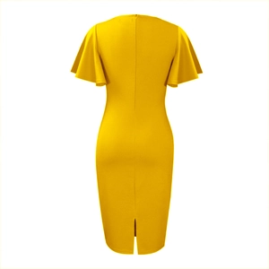 Detail view of the yellow dress showing back invisible zipper and ruffled short sleeves