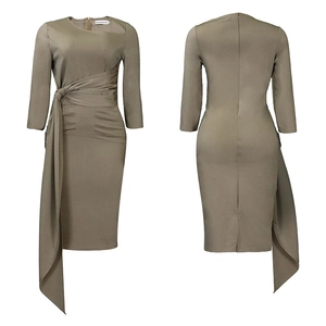 Detail of olive green long sleeve dress featuring waist knot pleats and back zipper