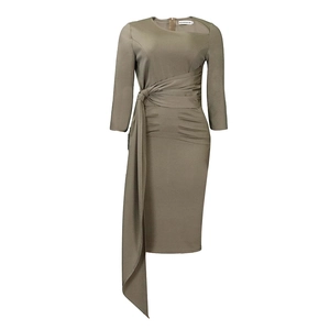 Detail of olive green dress featuring waist pleats and decorative waist tie drapes