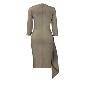 Detail of the olive green bodycon dress featuring back zipper and side draped panel