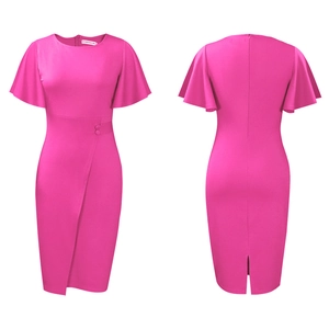 Detailed view of magenta pencil dress with ruffle sleeves and waist pleats detail