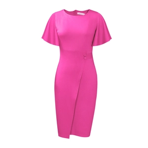 Detailed view of hot pink dress with ruffle sleeves and elegant asymmetrical waist buttons