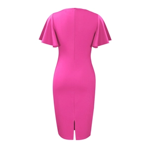 Detailed back view of magenta bodycon dress with invisible zipper and elegant hem slit