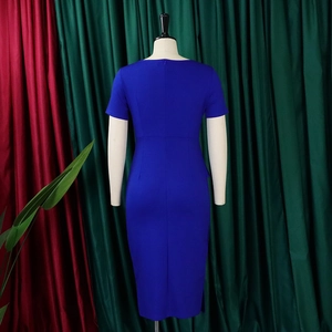 Detail of royal blue midi dress back view with high waistline and invisible zipper closure