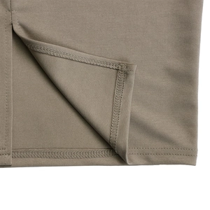 Detailed macro shot of reinforced slit stitching on a khaki bodycon office dress