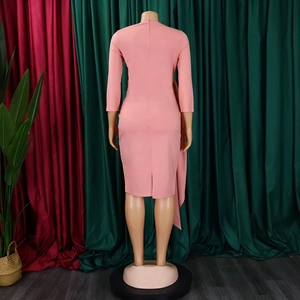 Rear view of a slim pink long-sleeved dress featuring a back zipper and slit hem details