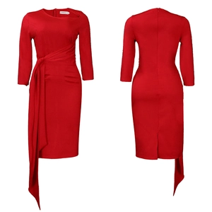 Detailed front and back view of red bodycon dress with asymmetric neck and waist knot