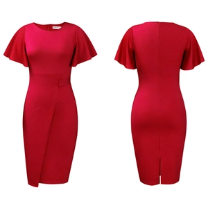 Front and back detail of red short sleeve dress with ruffle sleeves and waist button