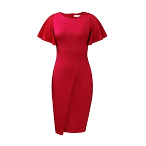 Detail of red sheath dress with ruffle sleeves and decorative waist buttons