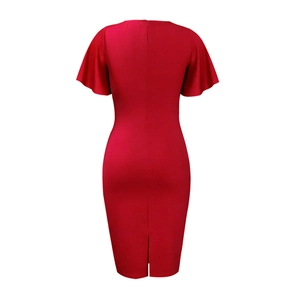 Detail view of red slim dress back with ruffle sleeves and invisible zipper closure