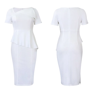 Front and back view of white short sleeve peplum pencil dress with asymmetric neckline